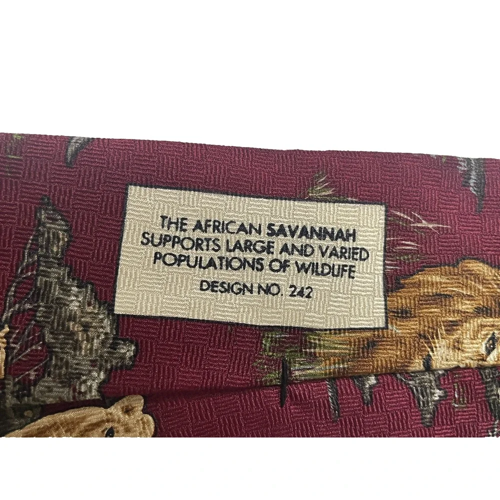 WWF World Wildlife Fund Safari Animal Tie Lions Elephant Giraffe Burgundy Silk